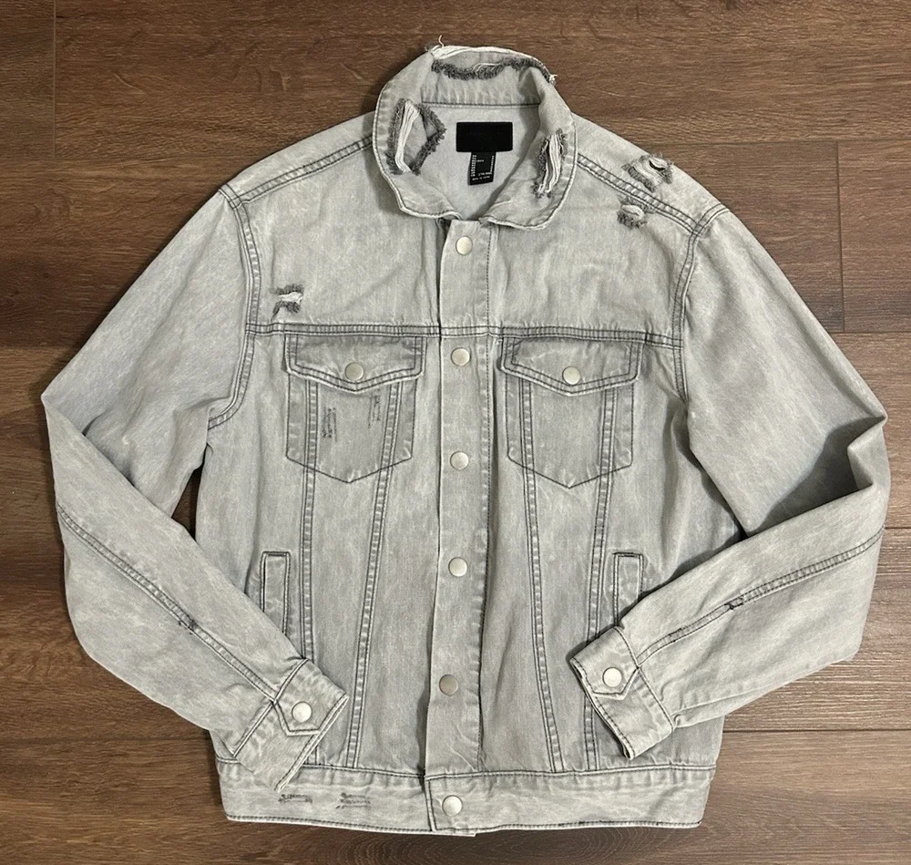 FOREVER 21 Mens Distressed Denim Jacket Light Gray Collared Pockets Size Small
